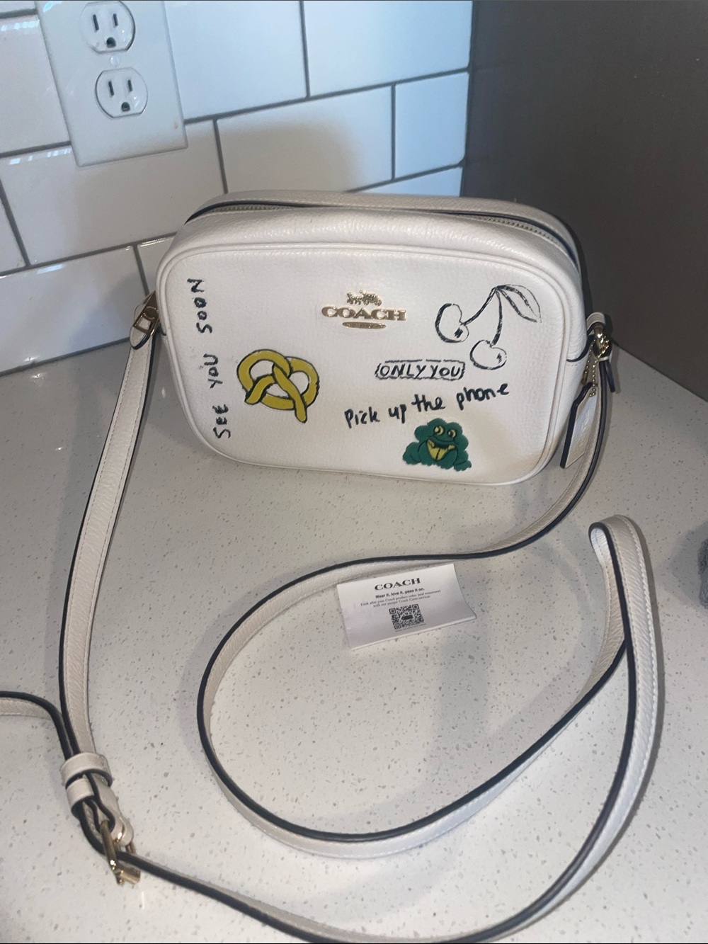 COACH White Leather NY Pretzel Print Crossbody Camera Bag